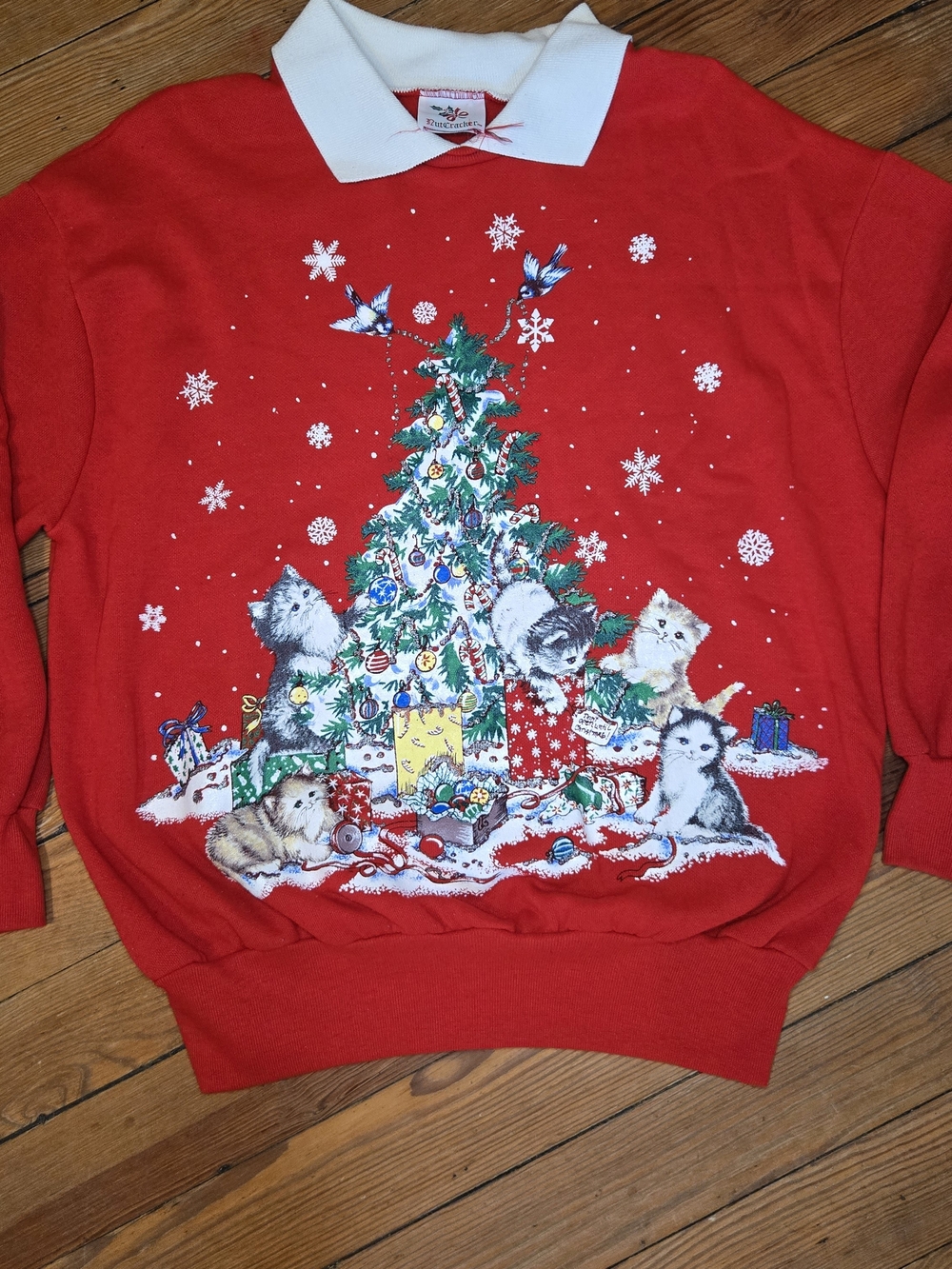 Vtg 90s Nutcracker Christmas Cats Kittens Collared Pullover Sweatshirt Cat Lady